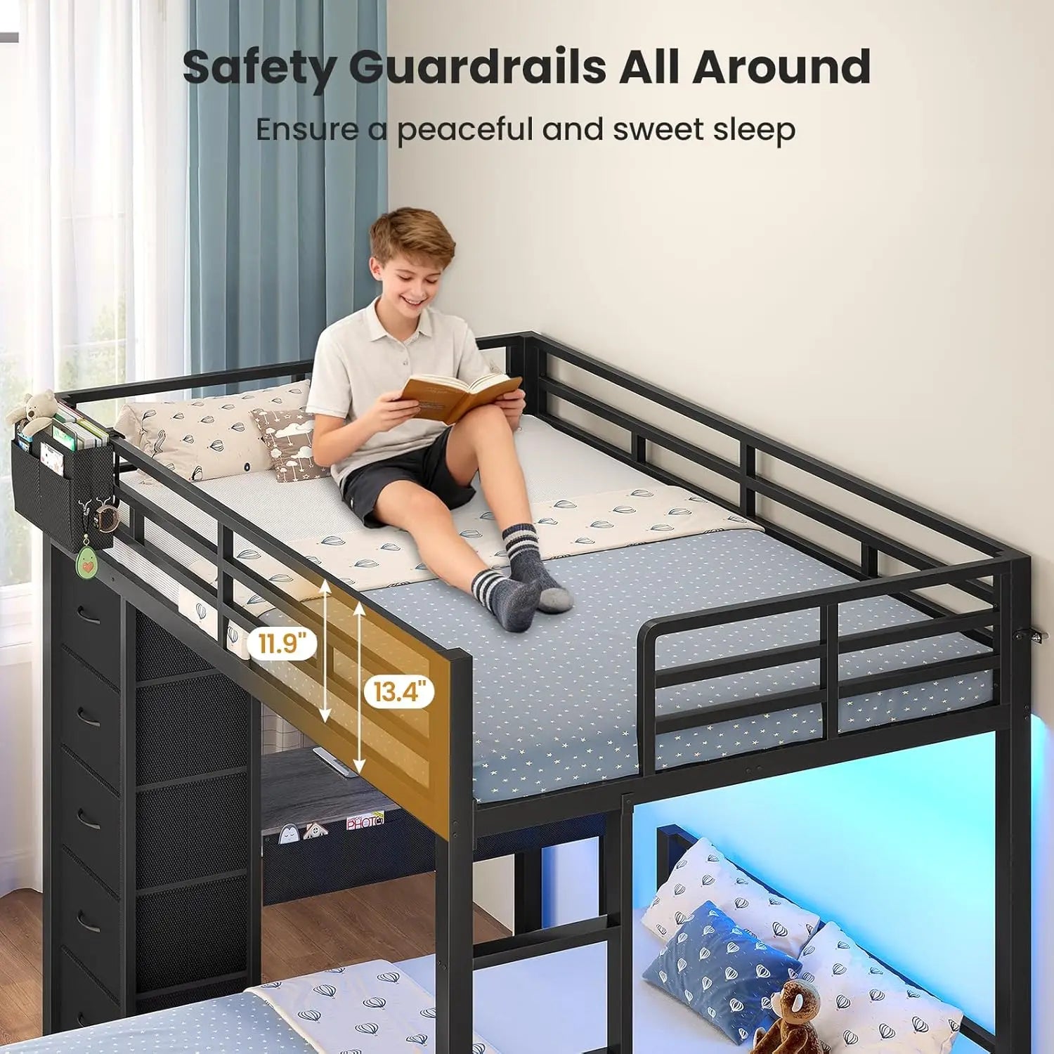 Full Bunk Bed with Desk,  5 Storage Drawers & Charging Station, LED Lights