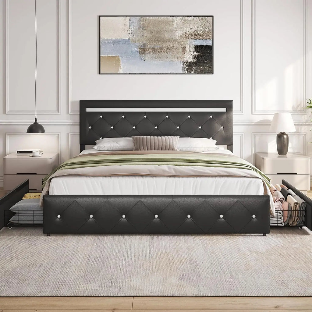 Platform Storage Bed Frame with 4 Drawers and LED Light, (no King available)