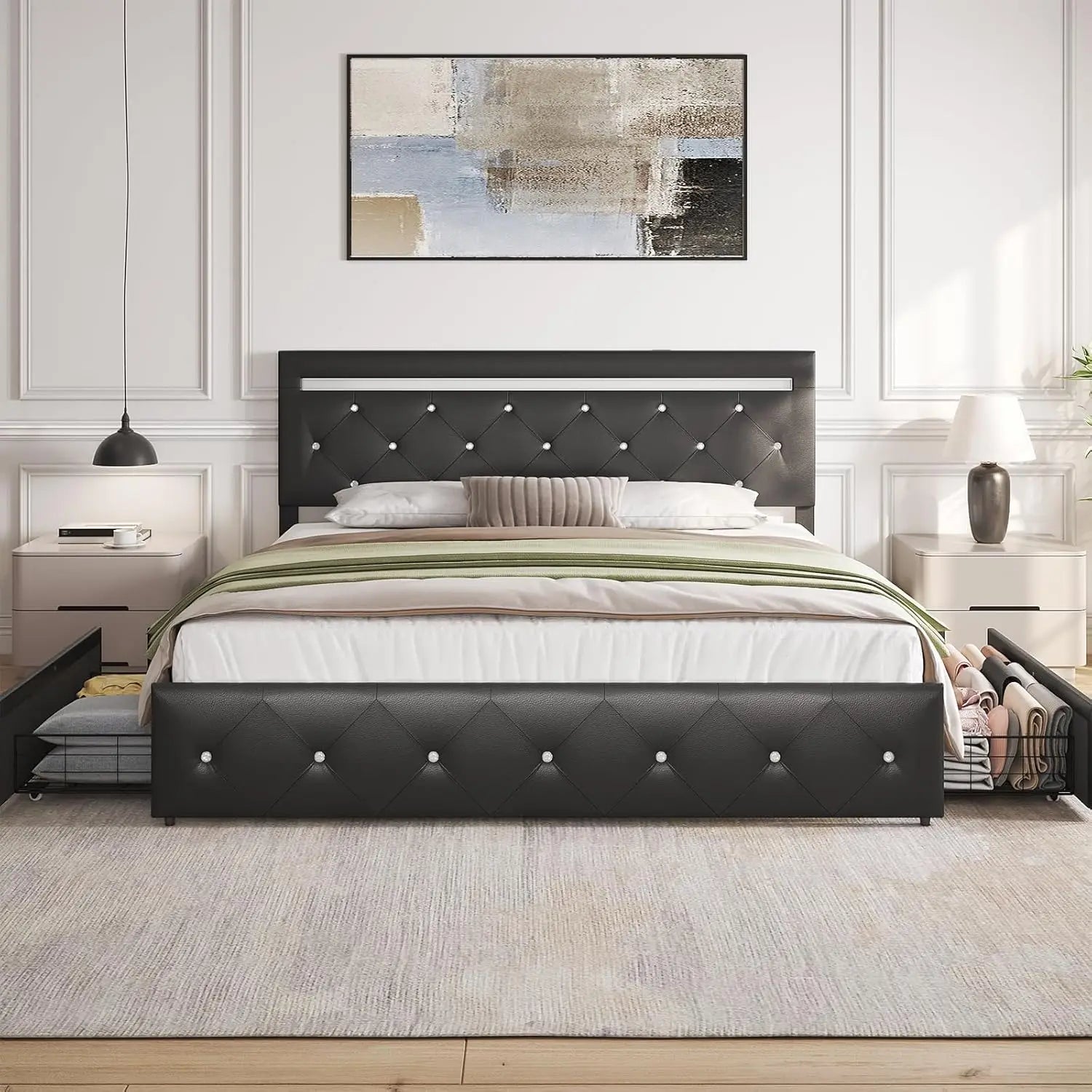 Platform Storage Bed Frame with 4 Drawers and LED Light, (no King available)