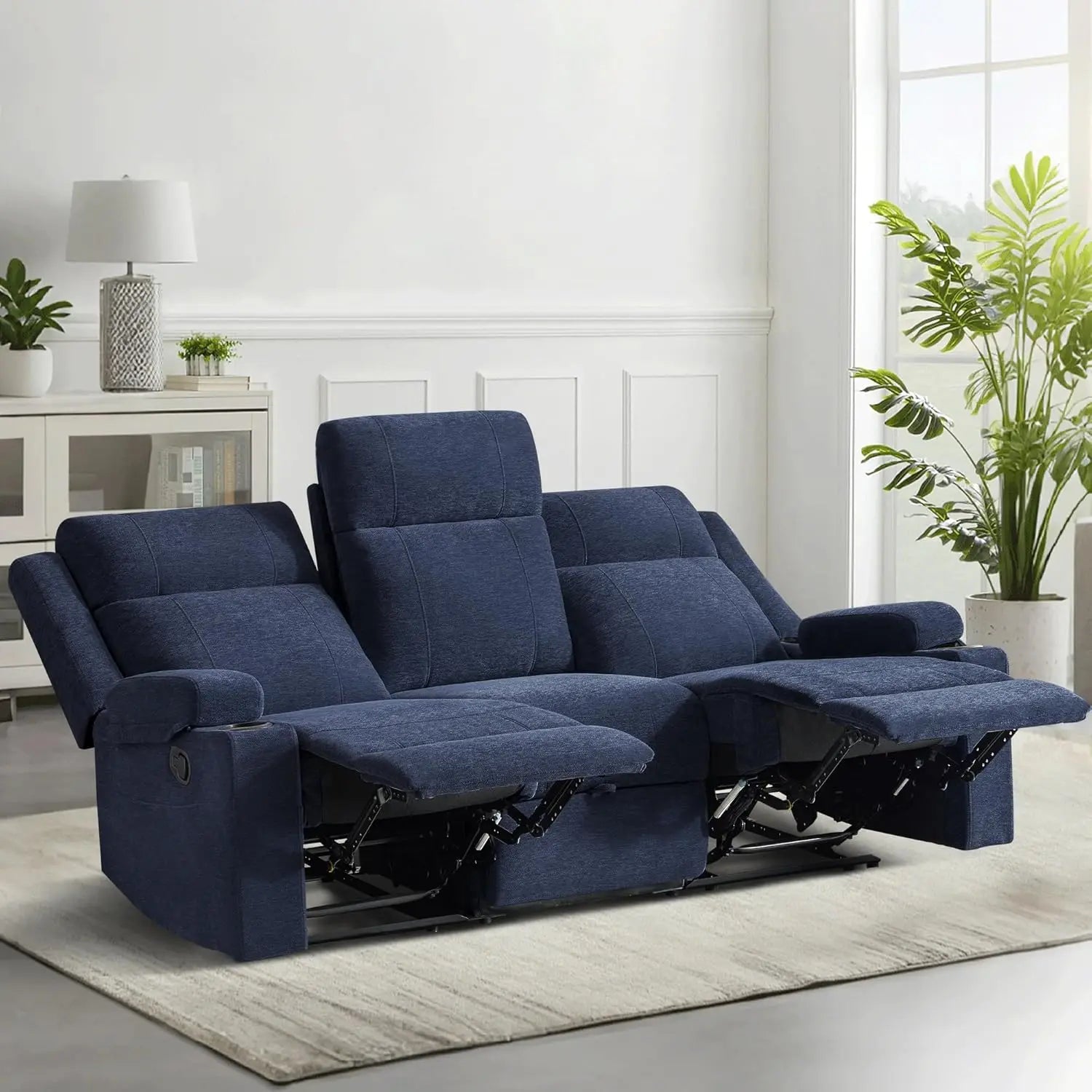 Large Manual Reclining Sofa 3 Seater Chenille Fabric, Multiple Colors