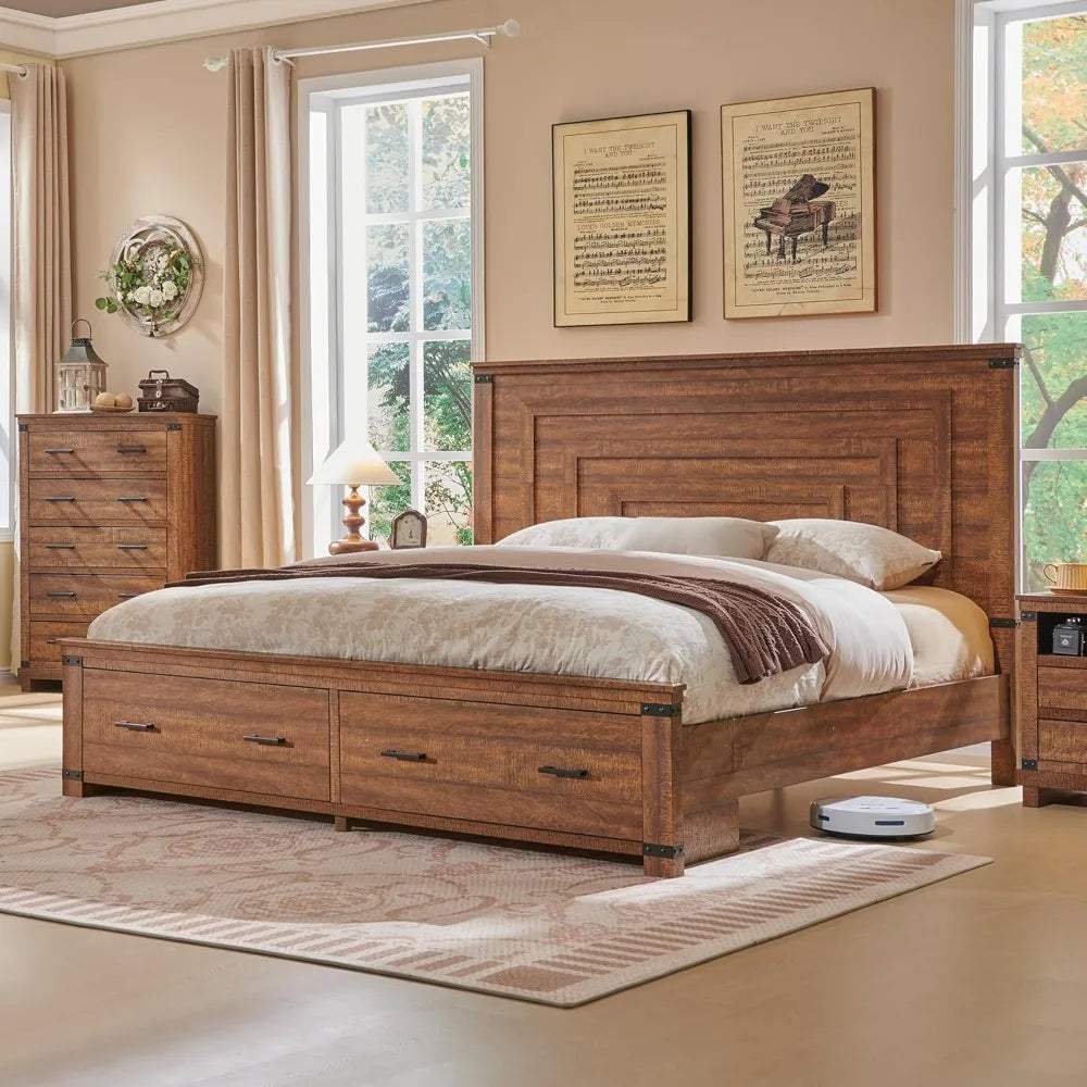 Farmhouse Queen Size Wood Bed Frame 54' Tall Geometric Headboard, 2 Drawers
