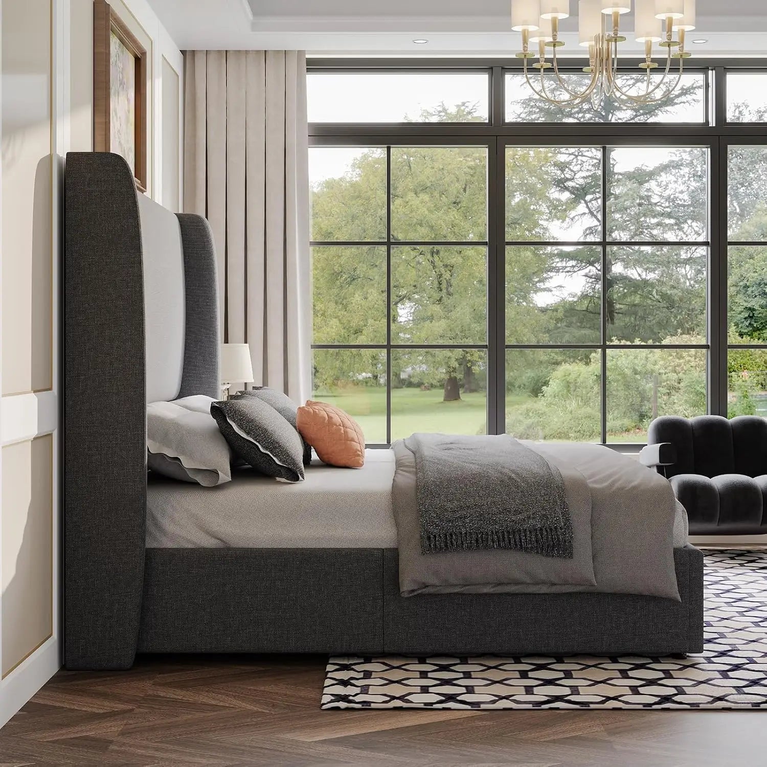 Lift Up Storage Bed King Size Linen Upholstered Platform Bed Frame