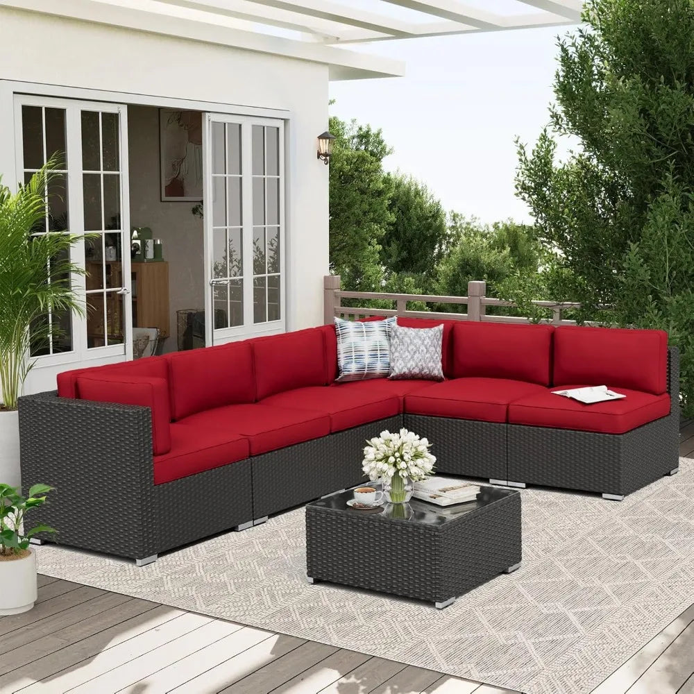 7-Piece Outdoor Patio Furniture Sofa Set Glass Top Table and Cushions(Red)