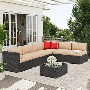 7-Piece Outdoor Patio Furniture Sofa Set Glass Top Table and Cushions(Red)