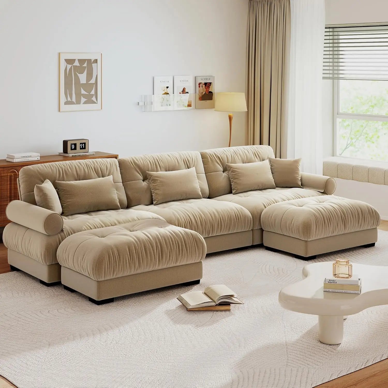 130" U Shaped Modular Sectional Sofa with Ottoman Deep Seat Velvet
