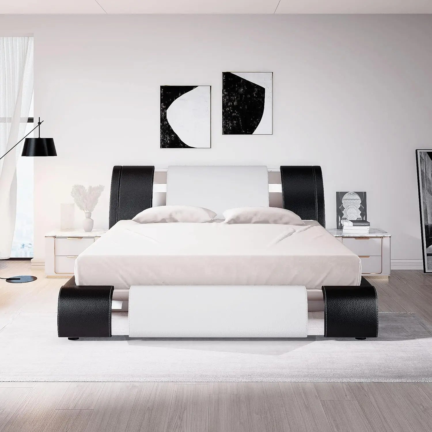King Upholstered Platform Bed Curved Adjustable Headboard Black & White