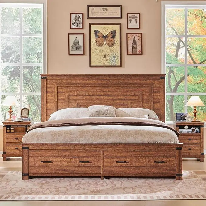 Farmhouse Queen Size Wood Bed Frame 54' Tall Geometric Headboard, 2 Drawers
