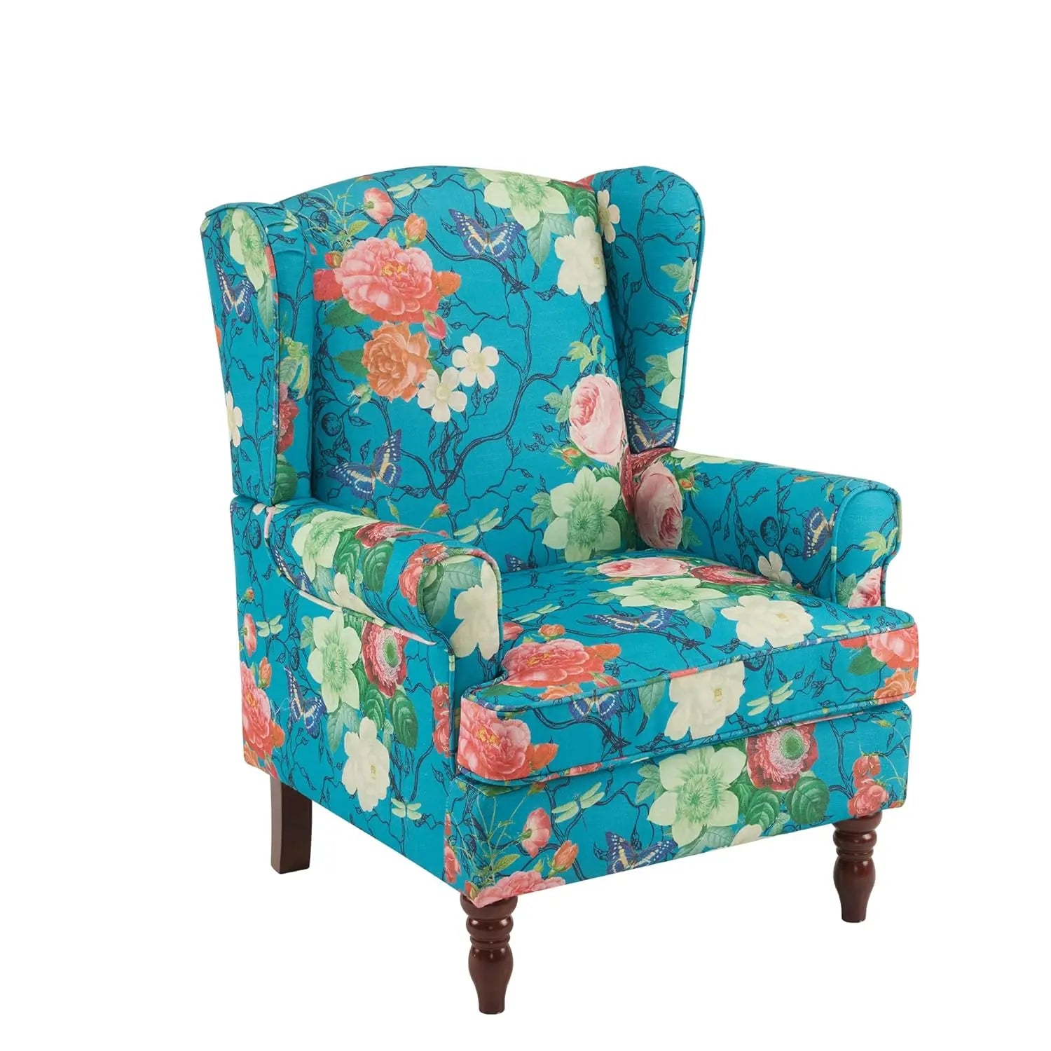 High Back Upholstered Floral Accent Chair with Solid Legs