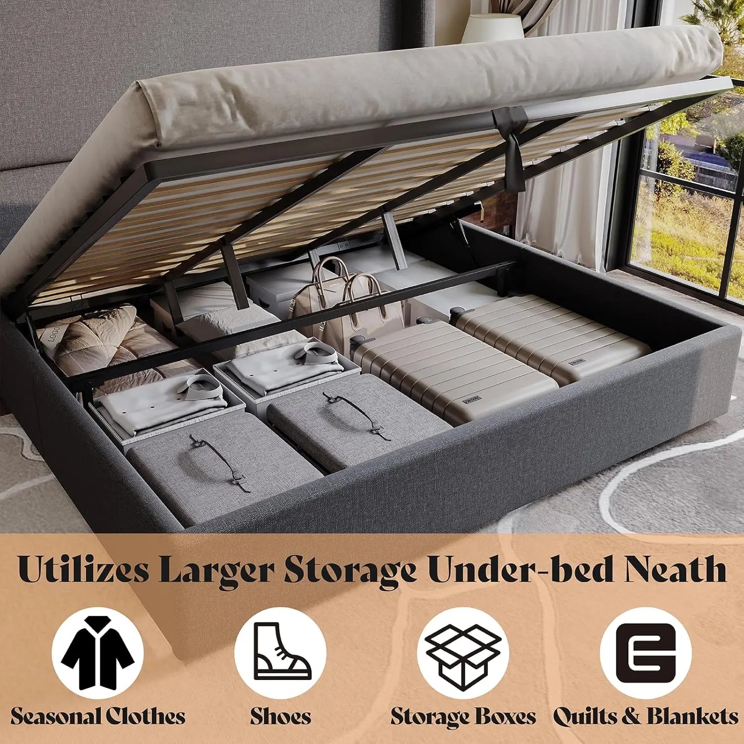 Lift Up Storage Bed King Size Linen Upholstered Platform Bed Frame