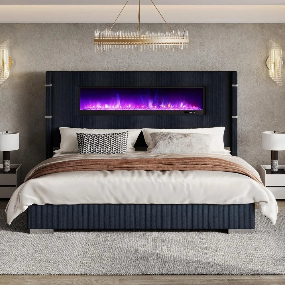 Modern King Size Bed Frame with Fireplace headboard