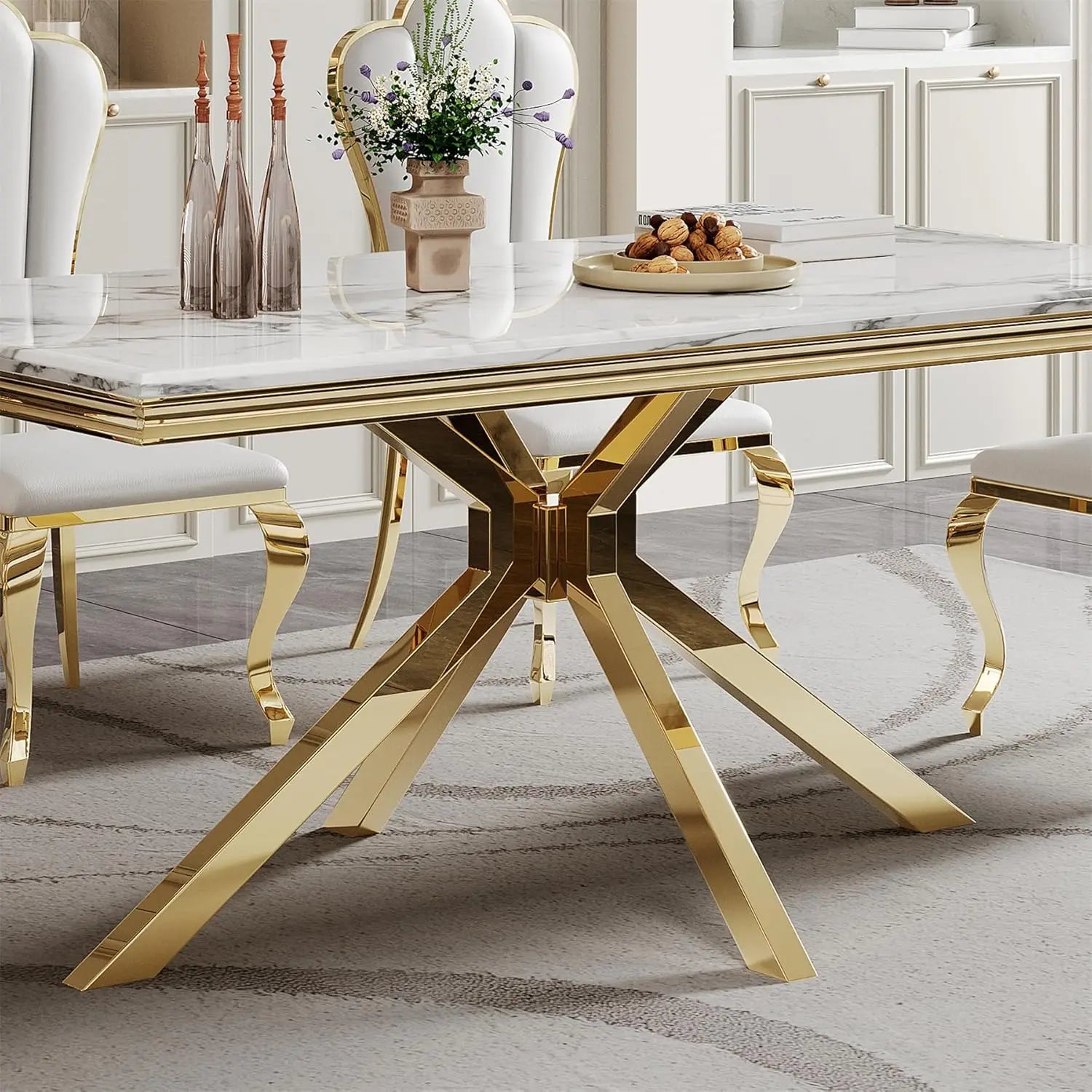Modern White Marble Dining Table for 6-8 Rectangle 68" Faux Marble Kitchen