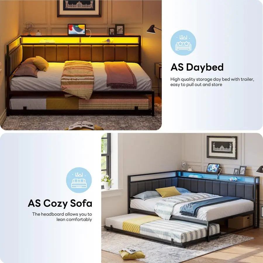 Corner Full Bed Frame with Trundle, Upholstered Storage Headboard