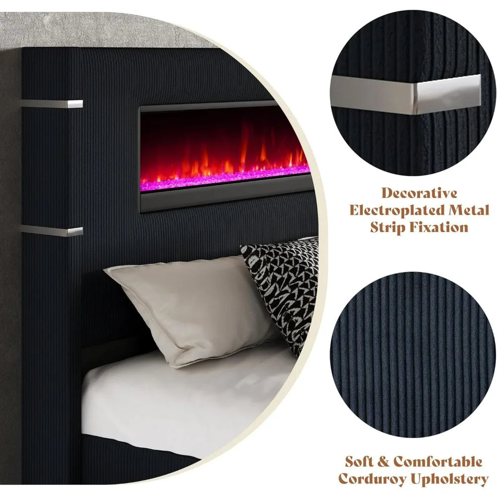 Modern King Size Bed Frame with Fireplace headboard