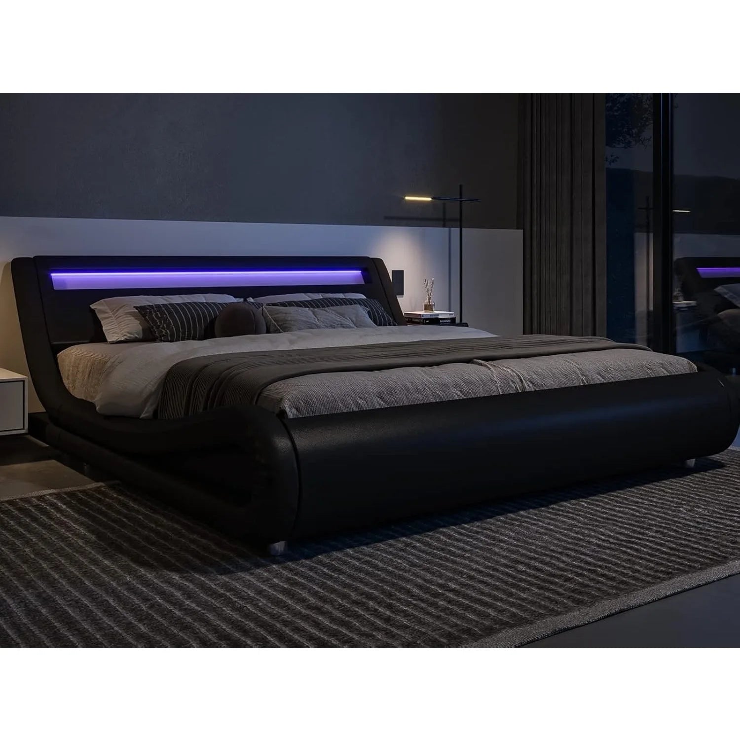 LED Platform Bed Frame with Adjustable Headboard/Need/Easy Assembly/Faux Leather Black, Customized