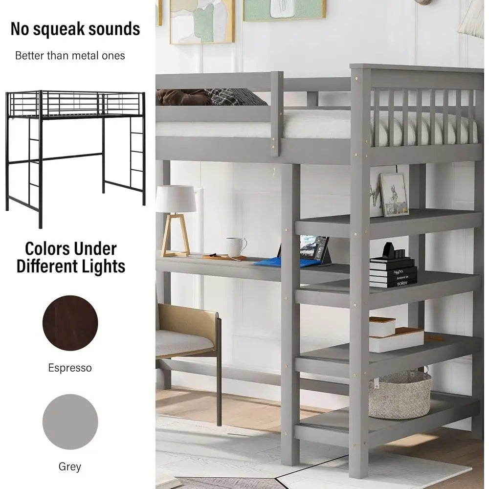 Full-Size Loft Bed with Desk, 4 Storage Shelves, and Underbed Workstation
