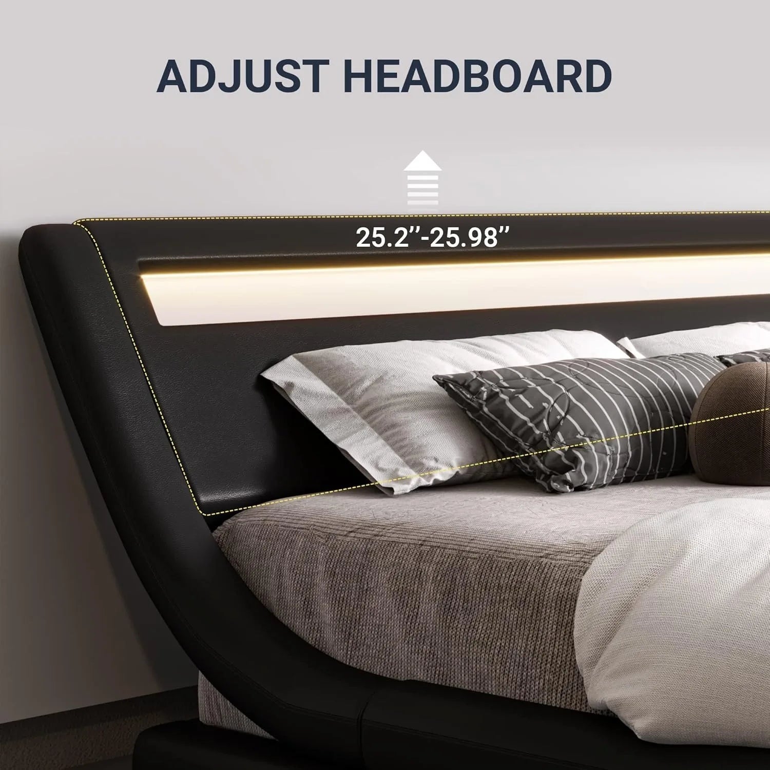 LED Platform Bed Frame with Adjustable Headboard/Need/Easy Assembly/Faux Leather Black, Customized