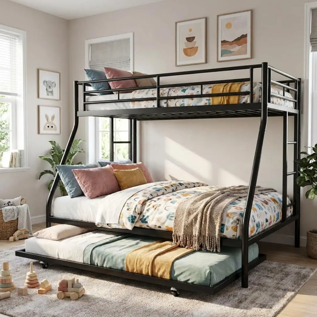 3 beds Metal Twin/Full Bunk Bed with Trundle Steel Frame Guardrails Ladder