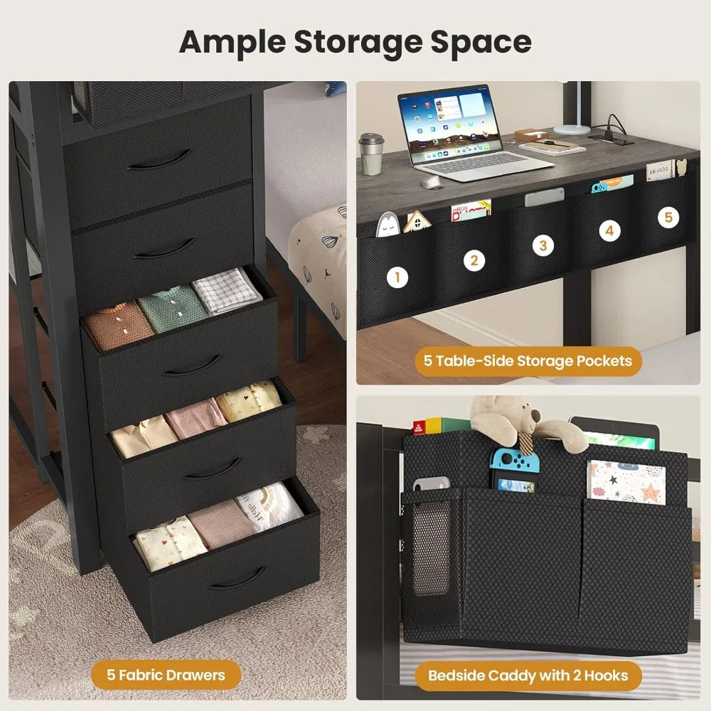 Full Bunk Bed with Desk,  5 Storage Drawers & Charging Station, LED Lights