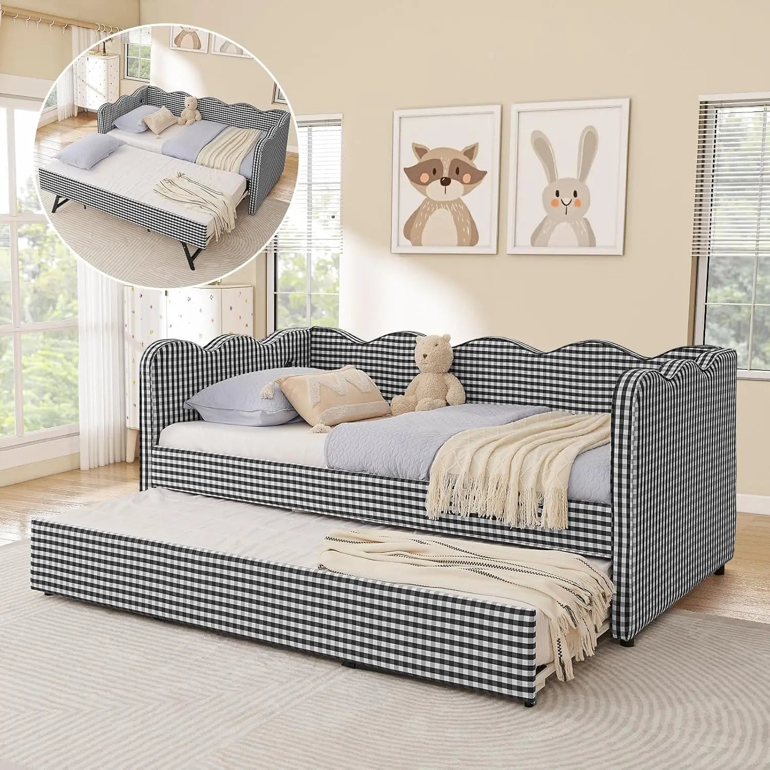 Twin Daybed Pop Up Trundle Linen Upholstered Convertible Sofa
