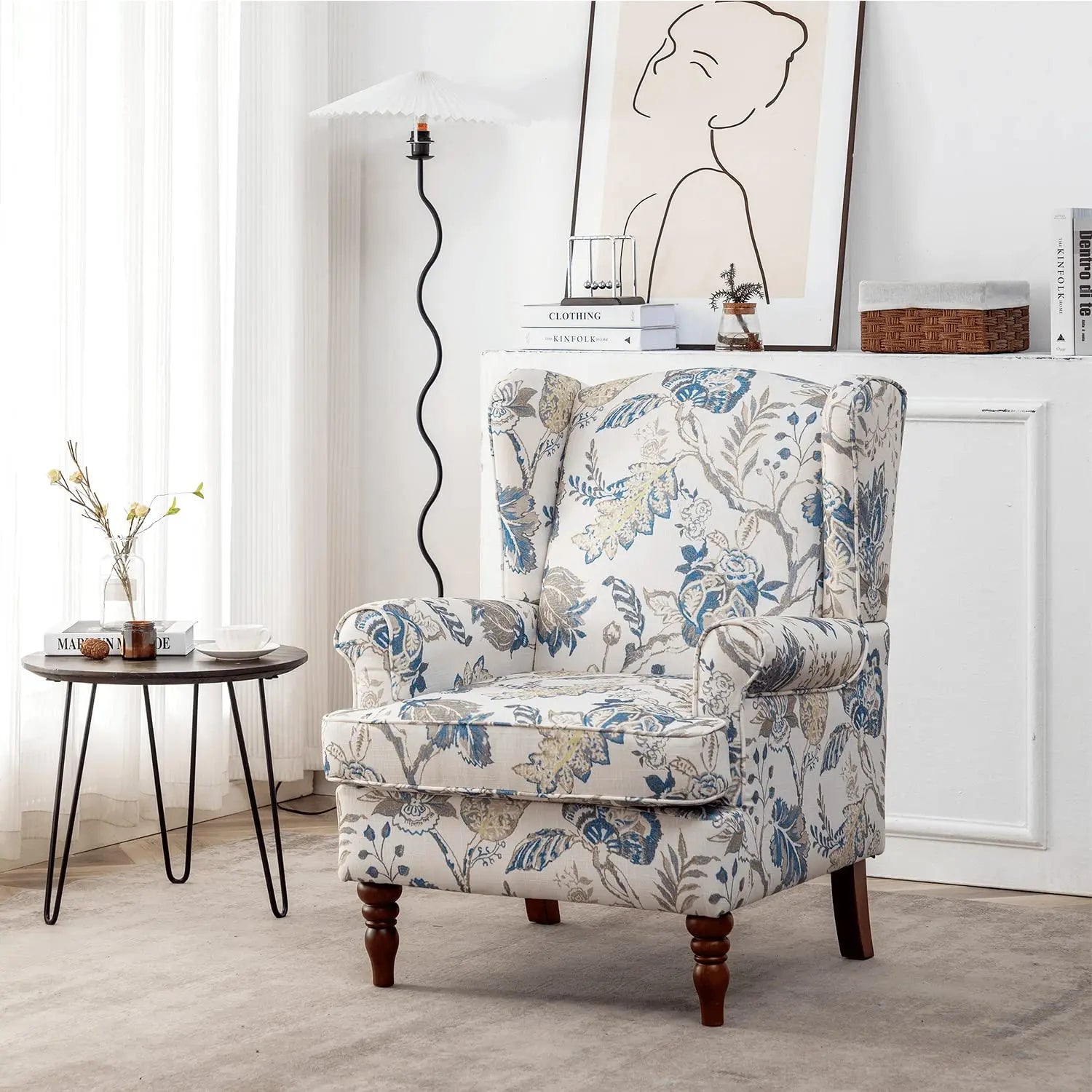 High Back Upholstered Floral Accent Chair with Solid Legs