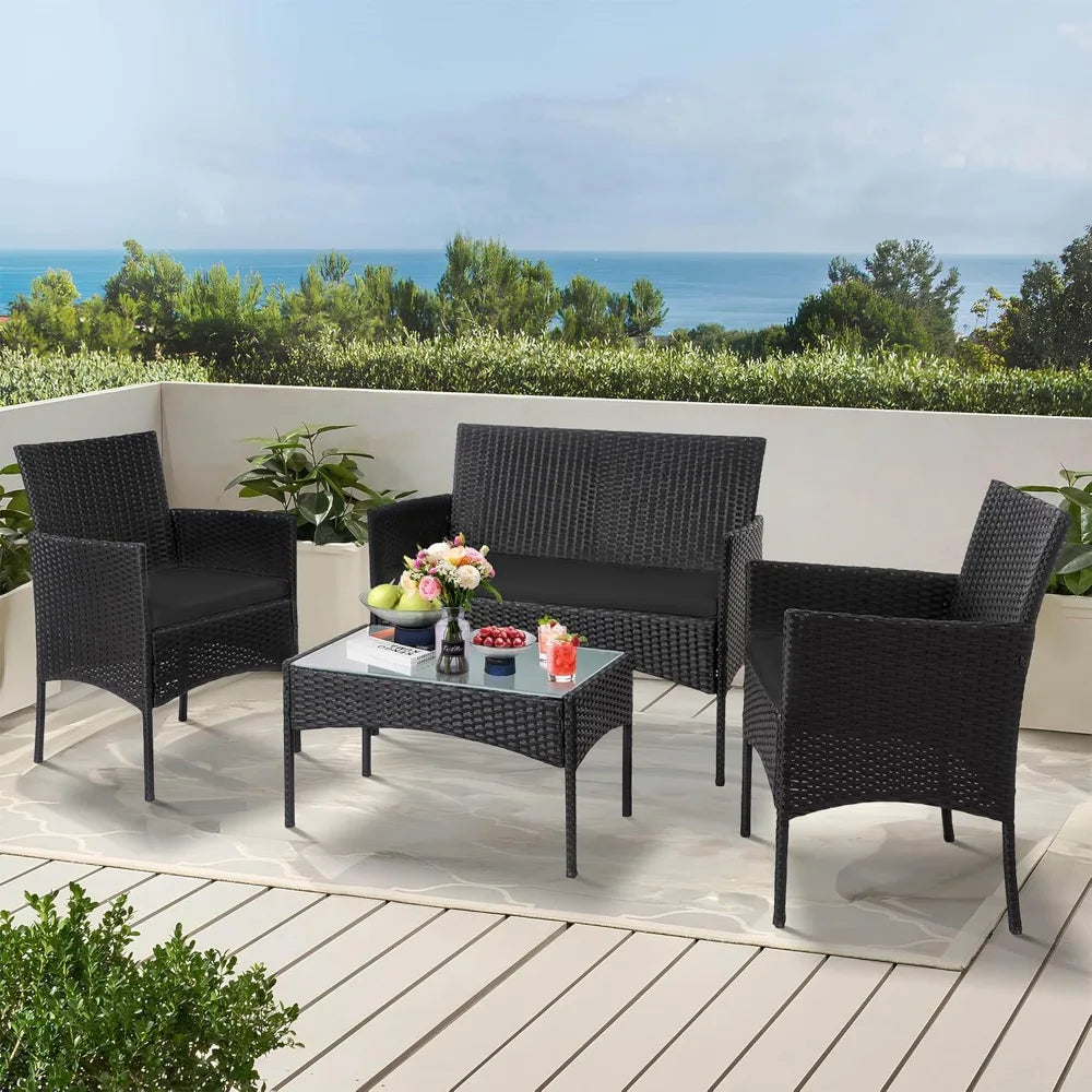 4 Piece Outdoor Wicker Patio Conversation Furniture Set