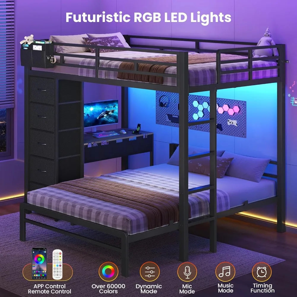 Full Bunk Bed with Desk,  5 Storage Drawers & Charging Station, LED Lights