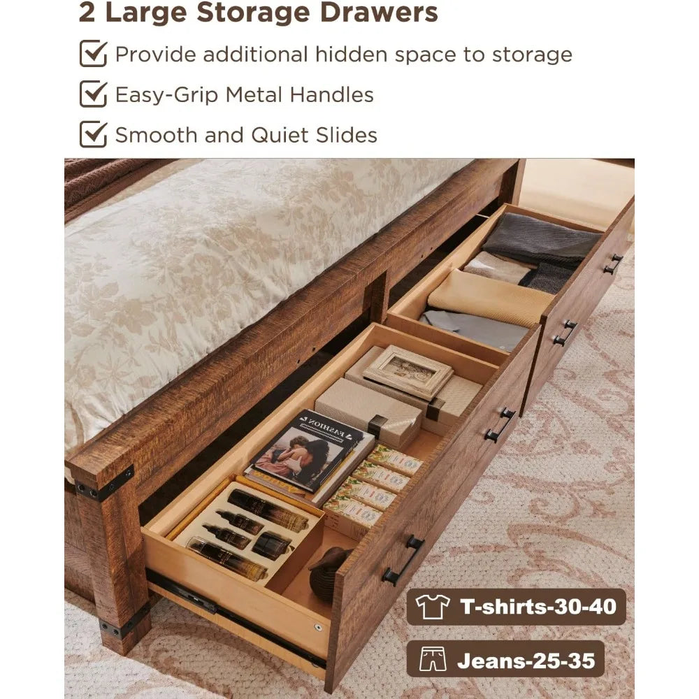 Farmhouse Queen Size Wood Bed Frame 54' Tall Geometric Headboard, 2 Drawers