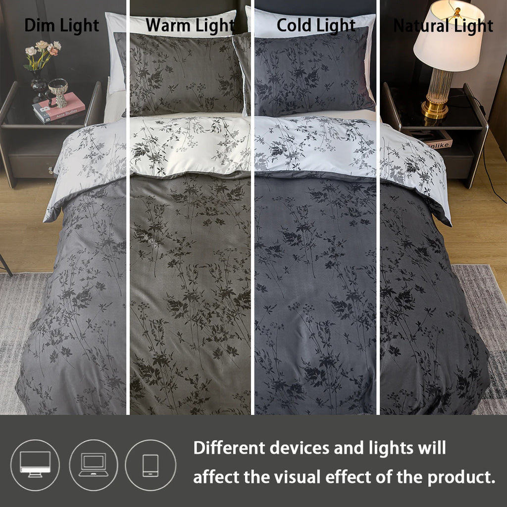Black and White Plant Print Three-Piece Duvet Cover Set (T-K)