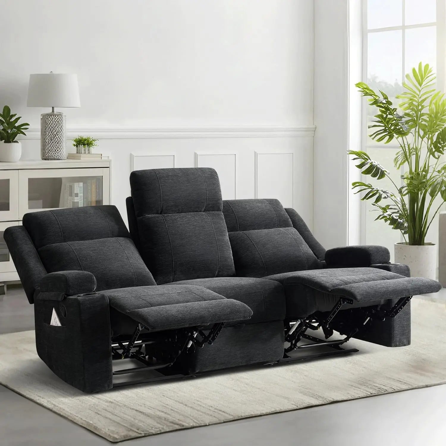Large Manual Reclining Sofa 3 Seater Chenille Fabric, Multiple Colors