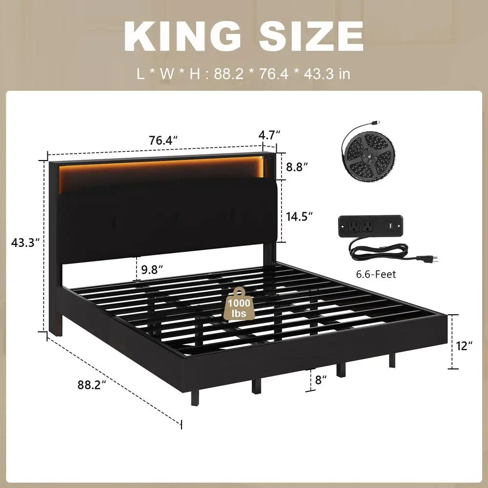 Floating Bed Frame King with Charging Station amp Led Light,