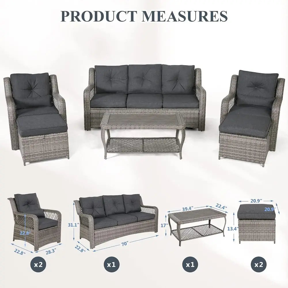6-Piece Grey Wicker Outdoor Patio Furniture Set with Sectional Sofa