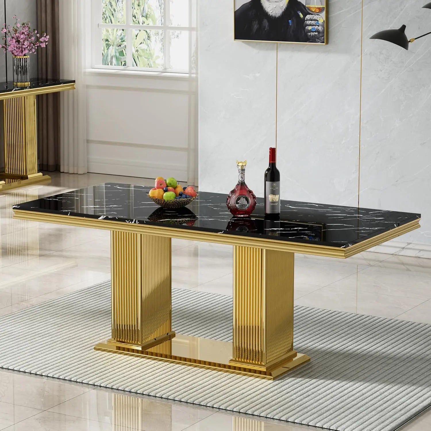 Modern White Marble Dining Table for 6-8 Rectangle 68" Faux Marble Kitchen