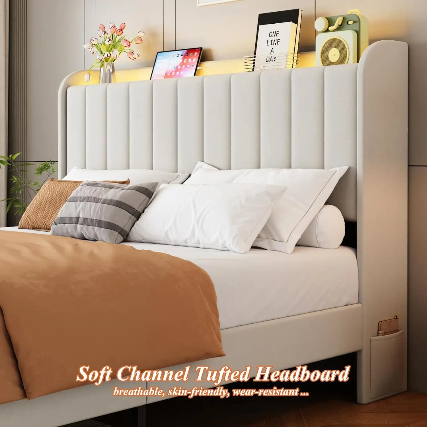 Queen Size Bed Frames with Storage Headboard and 2 Drawers