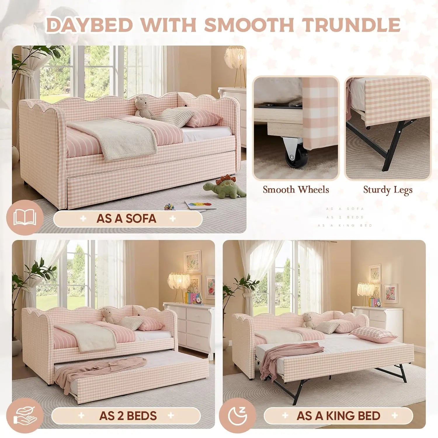 Twin Daybed Pop Up Trundle Linen Upholstered Convertible Sofa
