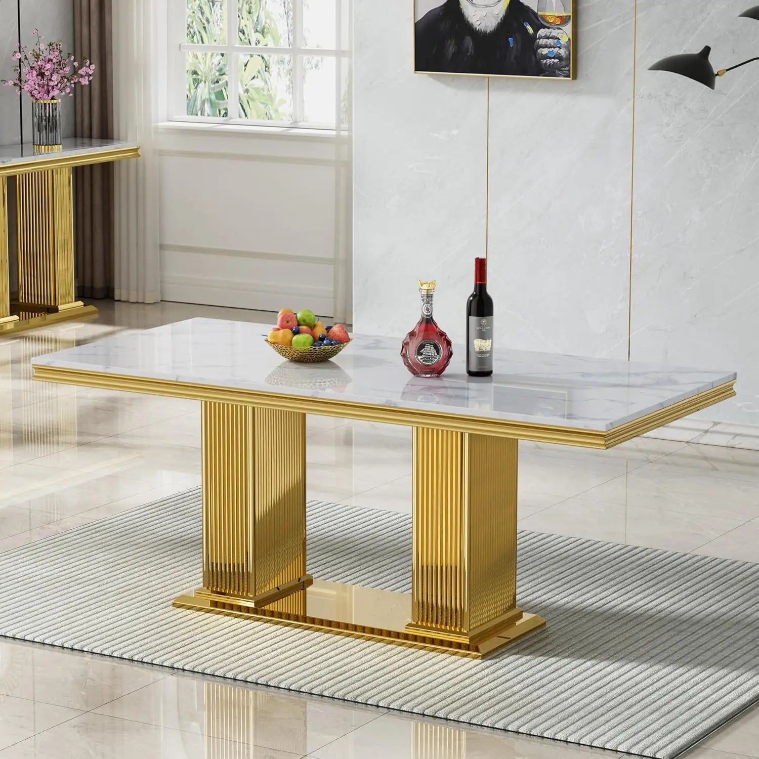 Modern White Marble Dining Table for 6-8 Rectangle 68" Faux Marble Kitchen