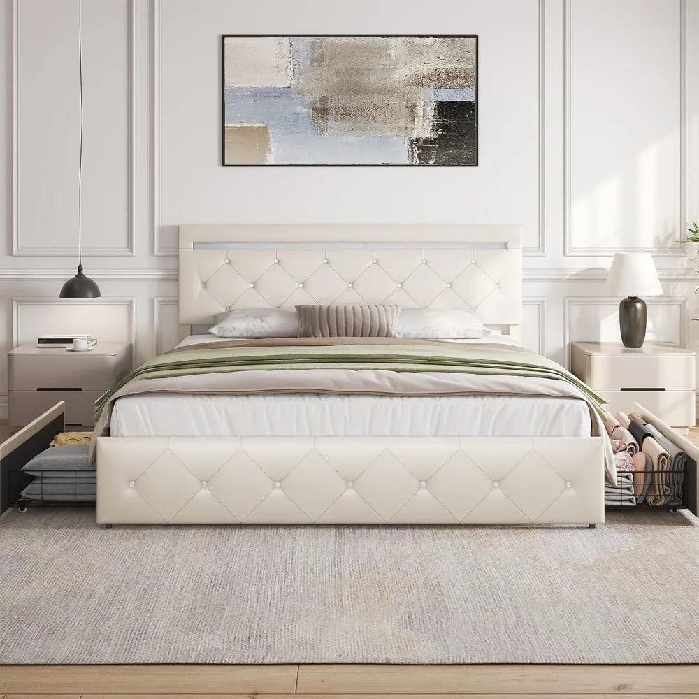 Platform Storage Bed Frame with 4 Drawers and LED Light, (no King available)