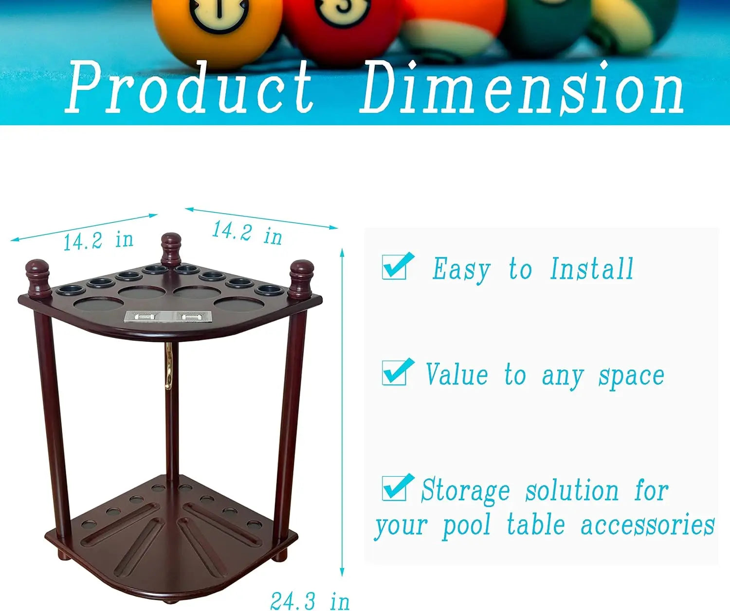 Floor Standing Pool Cue Rack 8 Sticks with Ball Hook & Scorer, Solid Wood Corner Holder