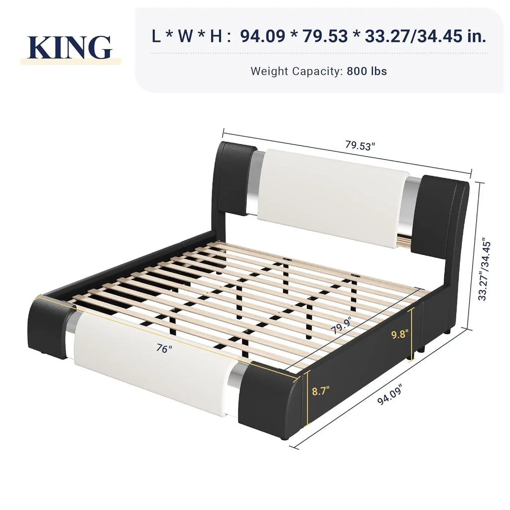 King Upholstered Platform Bed Curved Adjustable Headboard Black & White