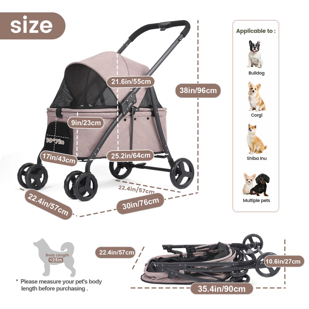 Foldable Dog Stroller Portable Buggy 4 Wheel Pet Stroller