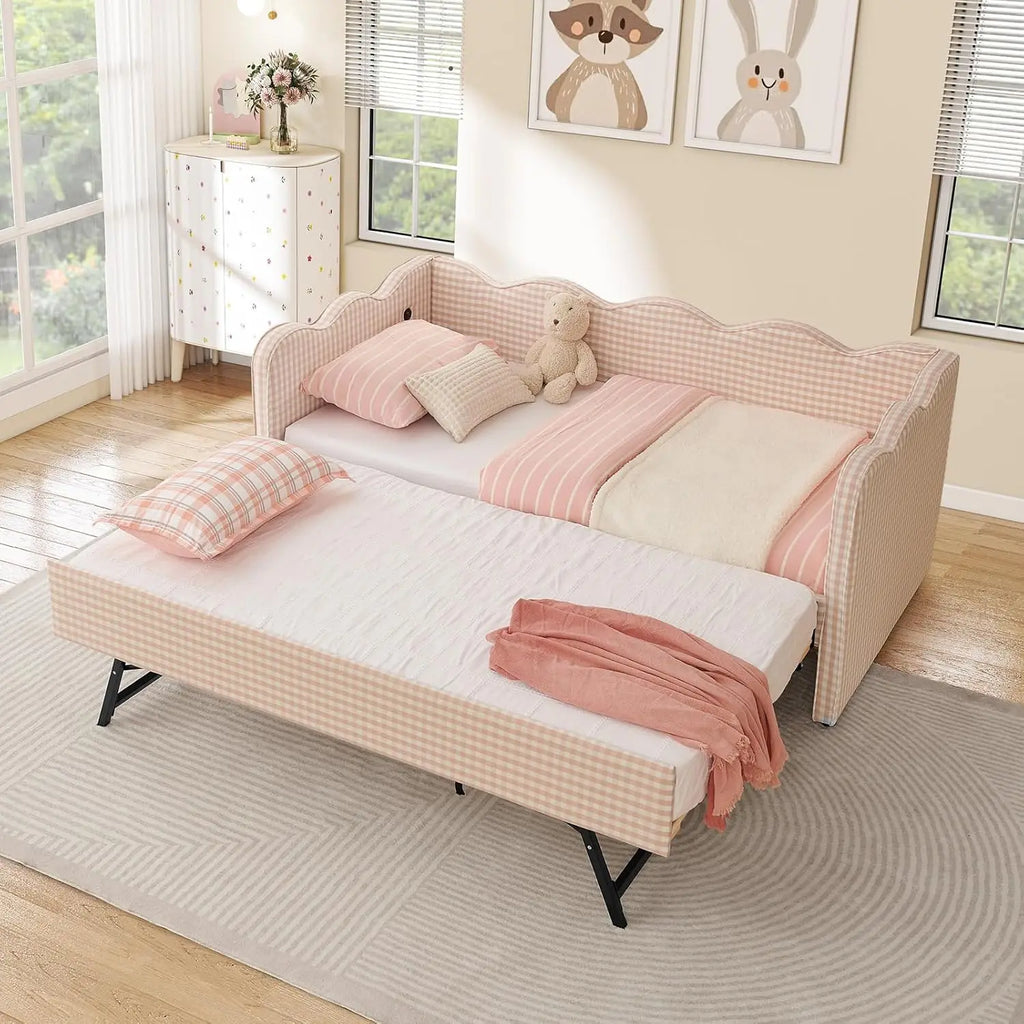 Twin Daybed Pop Up Trundle Linen Upholstered Convertible Sofa
