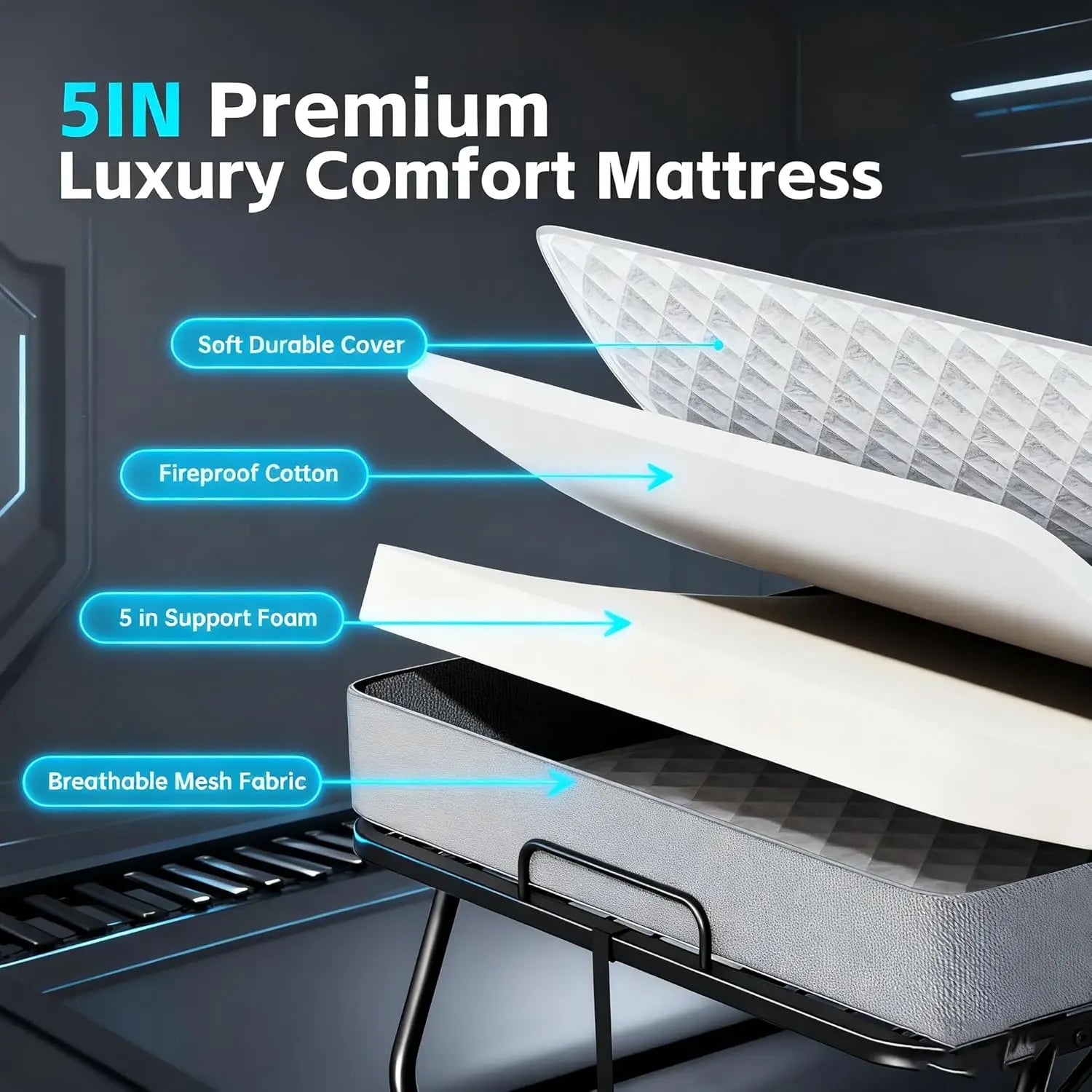 Twin Folding Bed with 5" Mattress, Roll Away Beds for Adults,