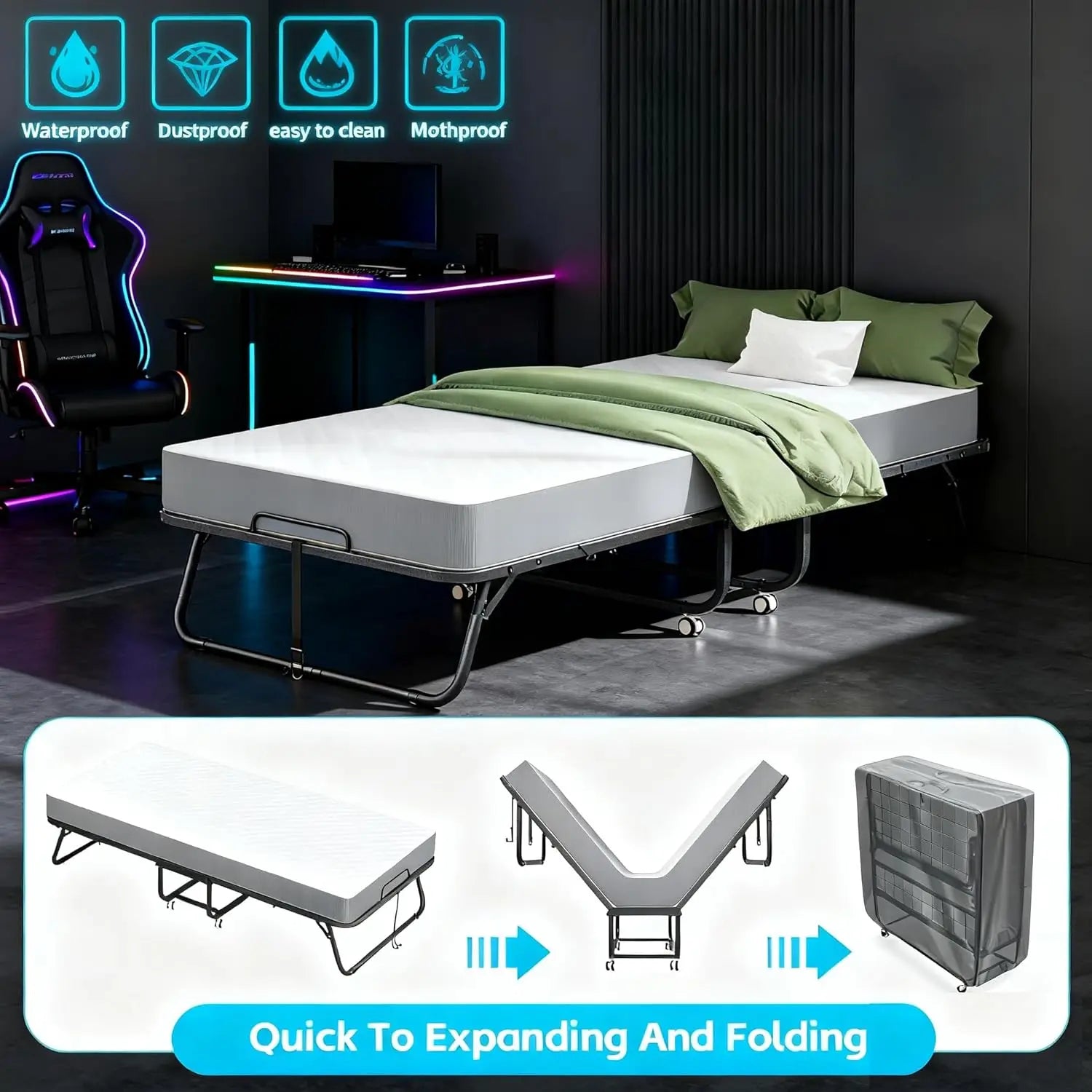 Twin Folding Bed with 5" Mattress, Roll Away Beds for Adults,
