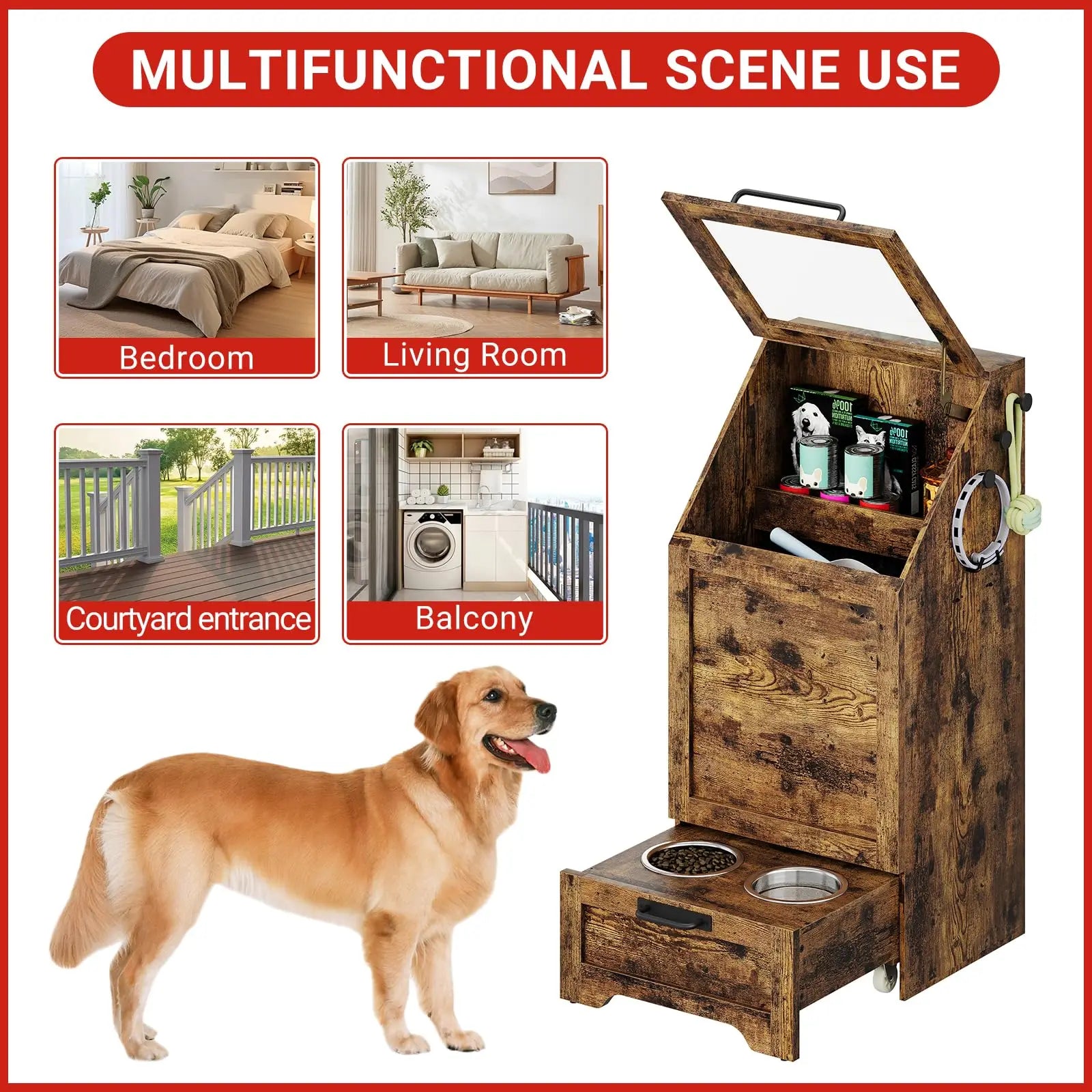 Large Dog Food Storage Cabinet with Flip Top - Pet Feeding Station