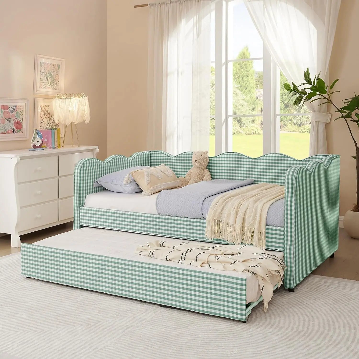 Twin Daybed Pop Up Trundle Linen Upholstered Convertible Sofa