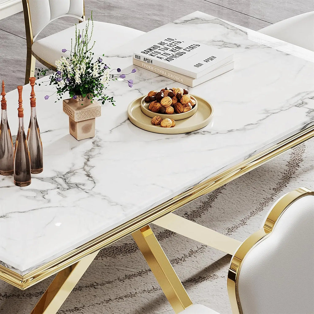 Modern White Marble Dining Table for 6-8 Rectangle 68" Faux Marble Kitchen