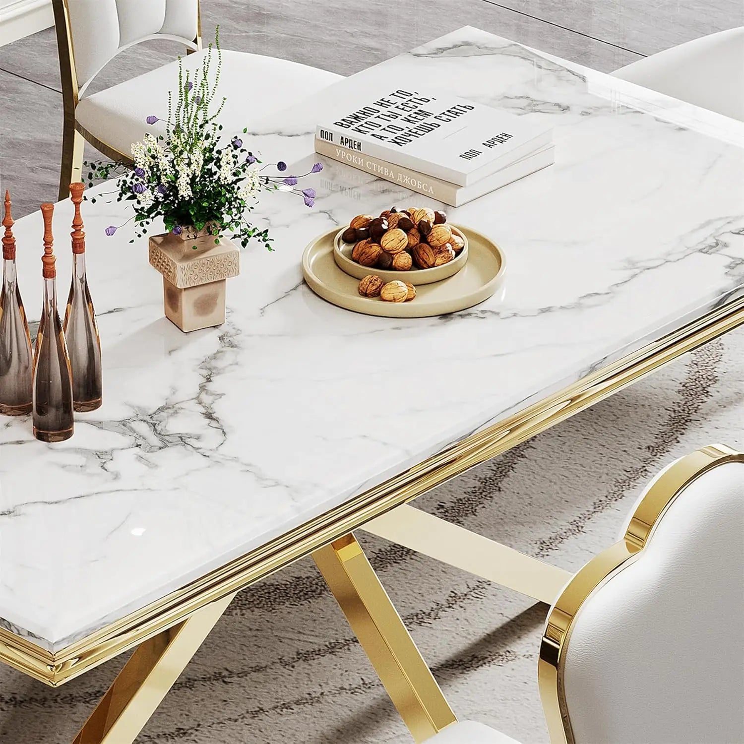 Modern White Marble Dining Table for 6-8 Rectangle 68" Faux Marble Kitchen
