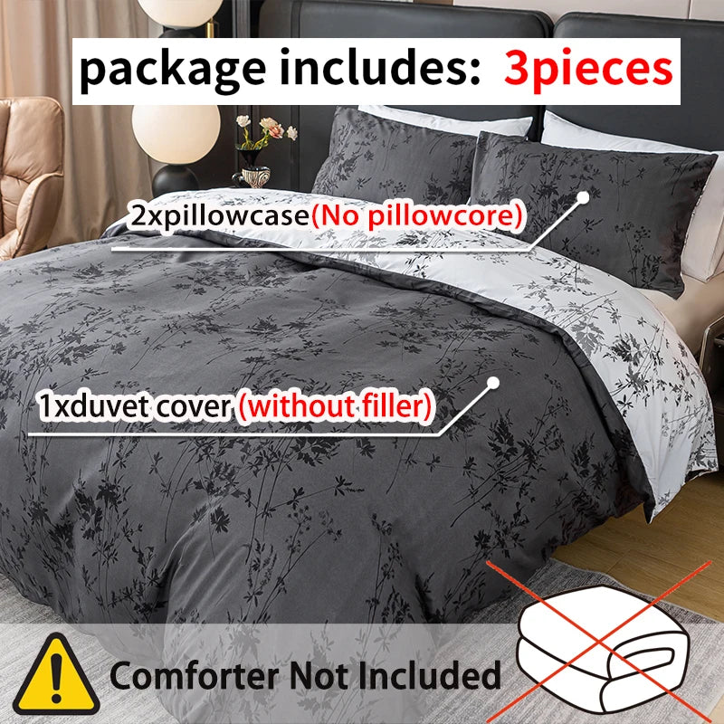 Black and White Plant Print Three-Piece Duvet Cover Set (T-K)