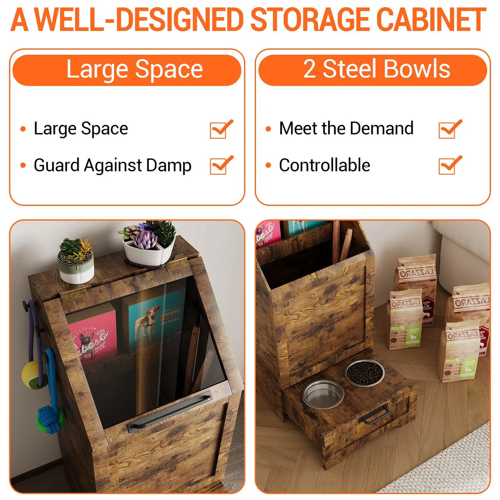 Large Dog Food Storage Cabinet with Flip Top - Pet Feeding Station