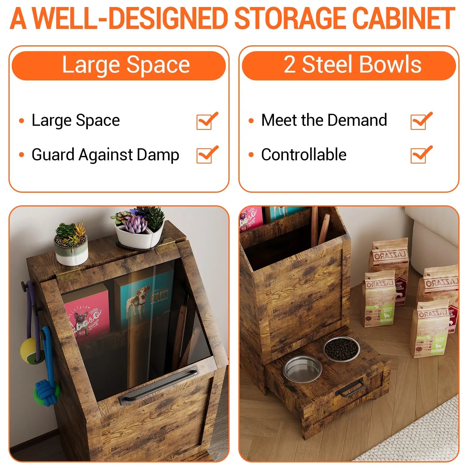 Large Dog Food Storage Cabinet with Flip Top - Pet Feeding Station