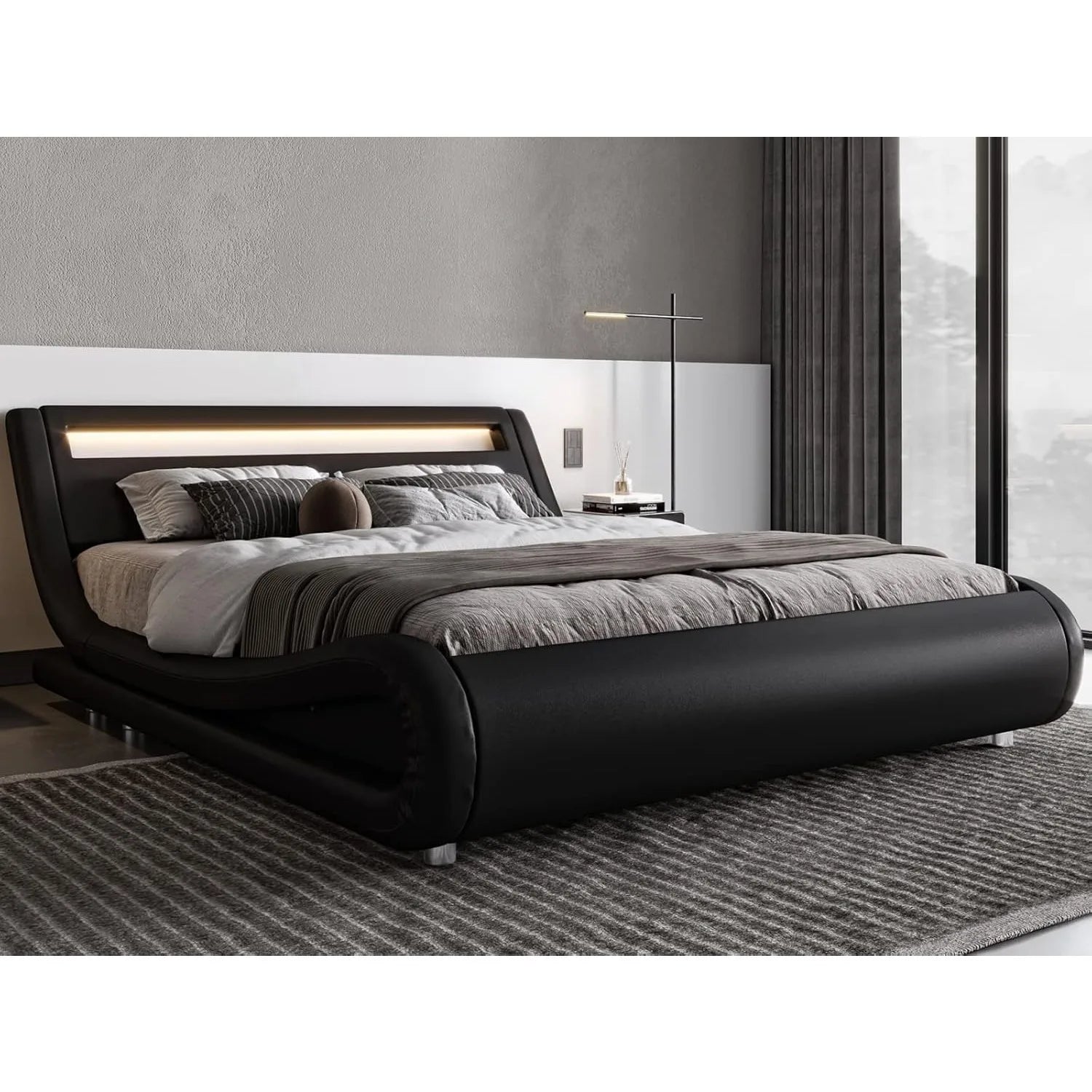 LED Platform Bed Frame with Adjustable Headboard/Need/Easy Assembly/Faux Leather Black, Customized